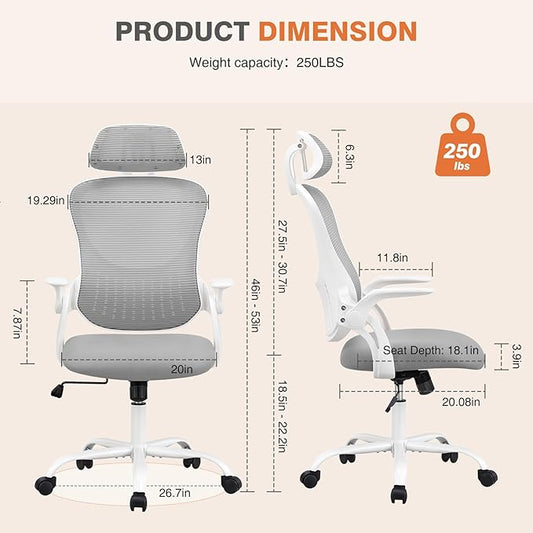Sweetcrispy Home Office Managerial Executive Chair, High-Back Mesh with Adjustable Headrest, Flip-up Armrest Comfortable Lumbar Support, Comfy Arms for Bedroom,Study,Student