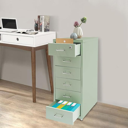 Vertical File Cabinet, 6 Drawers Rolling File Organizer Cabinets with Lock, Heavy Duty Metal Storage Cabinet, Movable Under Desk Filing Cabinet for Office, Study, Dresser (Green)