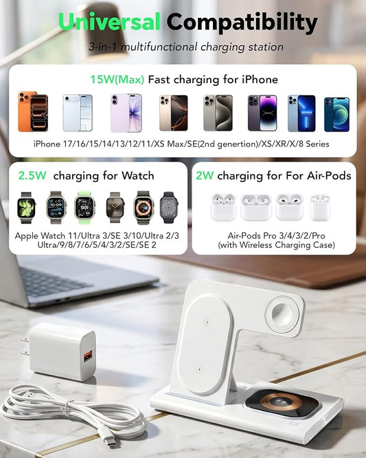 3 in 1 Foldable Charging Station for Apple Products,Wireless Charger for iPhone 17 16 15 14 13 12 Pro Max,Travel Dock Adapter&Light for iWatch Series 11 10 9 Ultra 3/2 SE 3/2,for AirPods 4 3 2 Pro 3/2