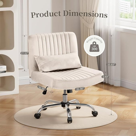 Velvet Office Chair, Luxury Criss Cross Chair with Wheels, Comfy Cross Legged Desk Chair for Home Office, Height Adjustable Vanity Chair, Wide Seat Computer Chair, Gift for Girlfriend, Cozy Beige