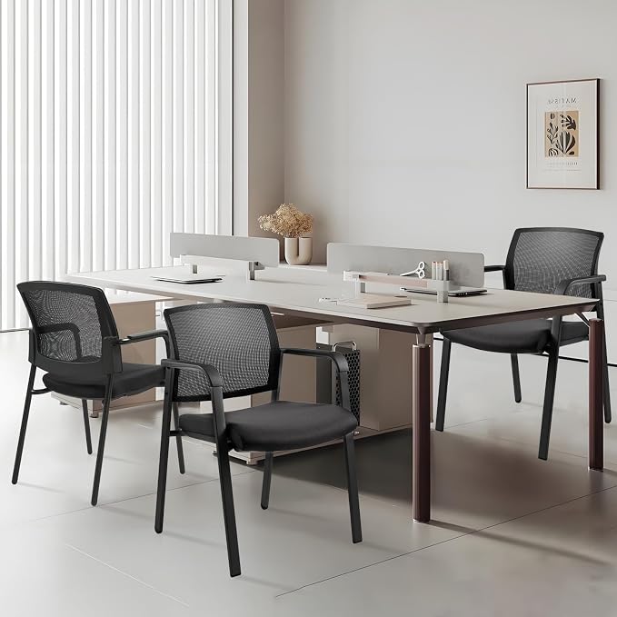 CLATINA Guest Reception Stacking Office Chairs with Arm, Mesh Back Waiting Room Chair with Upholstered Fabric Seat and Ergonomic Lumbar Support for Office Conference School Church, Black-4 Pack
