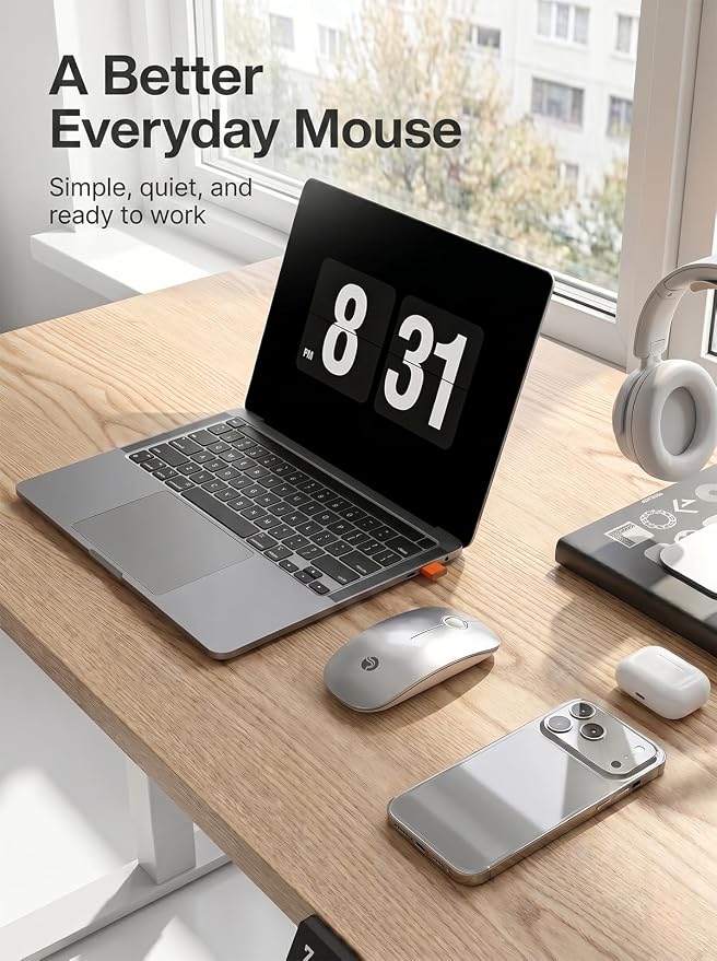 RAPIQUE USB C Wireless Mouse for MacBook Air/Pro, Silvery Slim Mouse, Silent Click, 3-Speed DPI, 480 Hours Battery Life, Portable 2.4GHz Type C Wireless Mouse for USB-C Devices, Laptops, Mac, macOS