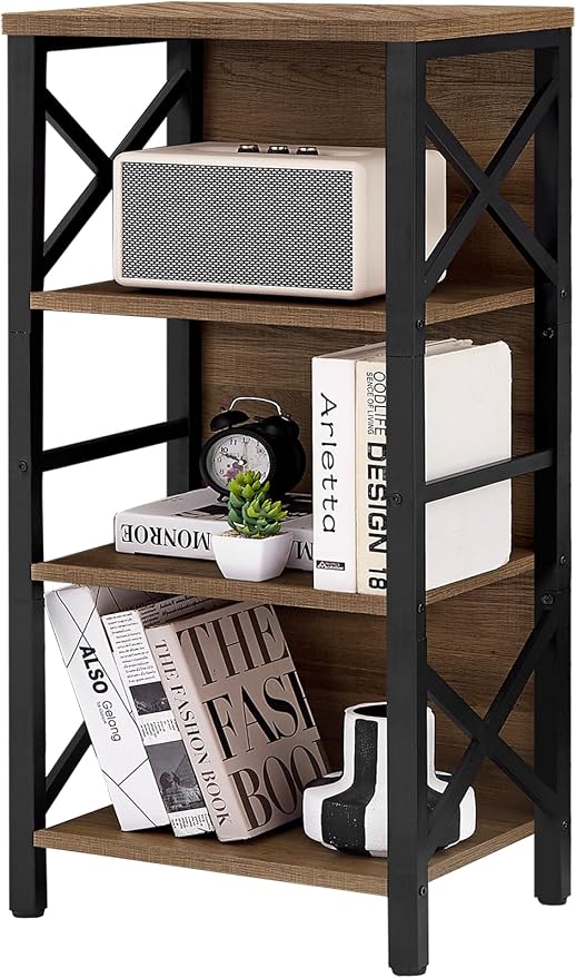 MNEETRUNG Small Bookshelf,4 Tier Industrial Bookcase with Metal Frame and Backboard,Narrow Rustic Brown Book Shelf,Book case for Small Spaces,Living Room,Bedroom and Home Office