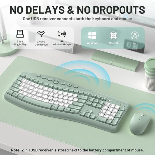 Wireless Keyboard and Mouse Combo,2.4G Full Size Ergonomic Curved Silent Keyboard with Fn Multimedia Keys for Office and Home, 3-DPI Quiet Mouse for Windows,Mac OS Desktop/Laptop/PC (Avocado Green-B)
