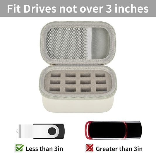 Comecase 12 Slots USB Flash Drive Case, Hard Shell Organizer for Thumb Drives & Jump Drives with Carabiner, Portable USB Case with Removable Pre-cut Sponge & SD Card Mesh Pocket (White, Small)