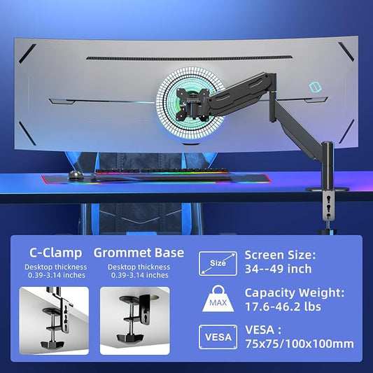 Pholiten Premium Aluminum Heavy Duty Monitor Arm, Ultrawide Monitor Mount with Clamp/Grommet Mounting Base, Adjuastable Gas Spring Arm for up to 49 inchs and 46.2lbs, Black