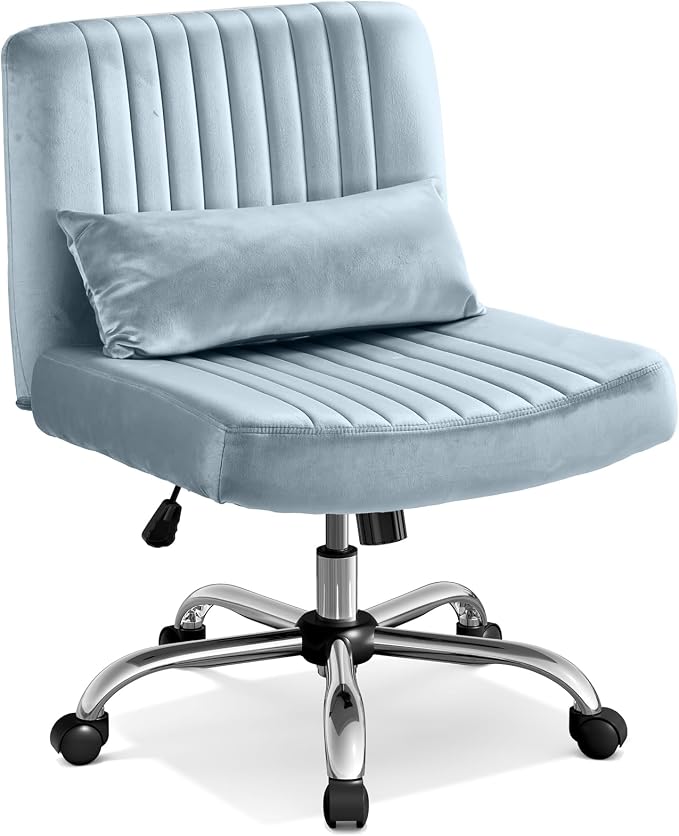 Criss Cross Office Chair with Wheels, Velvet Cross Legged Desk Chair for Bedroom, Armless Computer Chair, Modern Vanity Chair, Festival for Adults, Velvet Dusk Blue