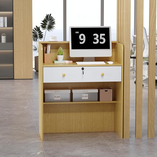 OmySalon Reception Desk with Counter, Small Front Desk w/Lockable Drawer, Wooden Modern Reception Table for Salon Lobby Office Home (Original Wood, 32)