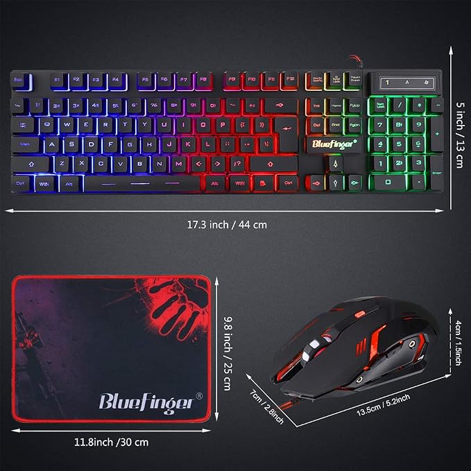 BlueFinger RGB Gaming Keyboard and Backlit Mouse Combo, USB Wired, LED Gaming Set for Laptop PC Computer Game and Work