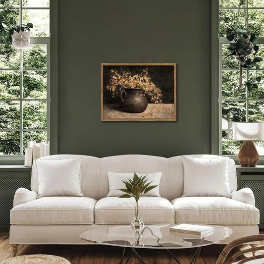 Framed Vintage Floral Wall Art, 3D Textured Sandstone Dark Still Life Flowers Wall Decor Paintings, Rustic Botanical Pictures Prints Aesthetic Home Decor for Living Room Bedroom 16x24 inch