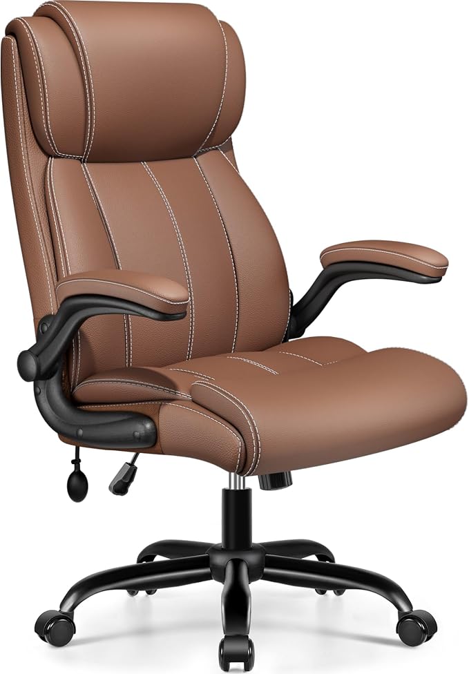 BESTFAIR Ergonomic Office Chair - Home Desk Computer Chair, Leather High Back Executive Chairs with Adjustable Lumbar Support & Flip-up Arms, Rocking Swivel Comfy, Brown