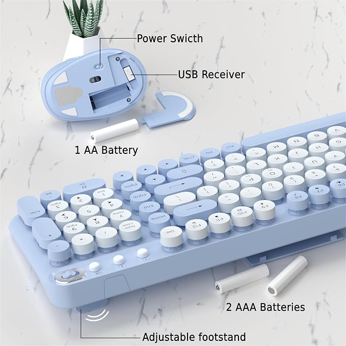 Wireless Keyboard and Mouse Combo, 2.4GHz USB Receiver, Plug and Play, Retro Full Size Typewriter Keyboard and Wireless Mouse for Computer, Laptop, Windows, Mac, and PC (Blue)