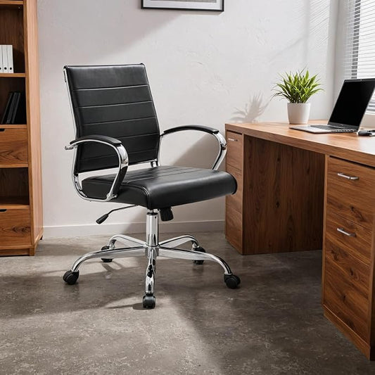 LeisureMod Benmar Leather Office Desk Chair, Mid-Back Ergonomic Swivel Chair with Lumbar Support, Adjustable Height, Tilt Lock, Cushioned Seat & Back, Home Office Task Chair (Black, Set of 2)