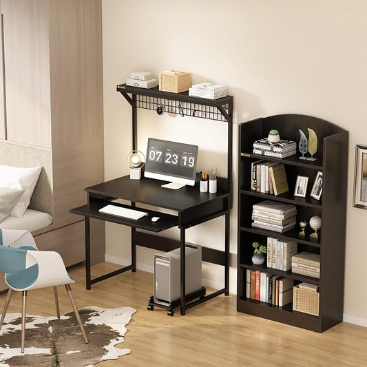Computer Desk with Hutch and Storage Shelves,31.5 Inch Desk with Keyboard Tray and Metal Mesh Panel, Small Study Writing Workstation Bookshelf for Home Office, Brown