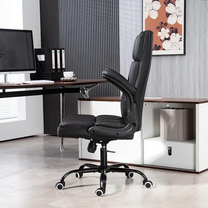 ECOTOUGE Executive Office Chair, PU Leather Ergonomic Comfy Desk Chair, High Back Computer Chair with Adjustable Tilt Angle and Flip-up Arms (Without Footrest Black)