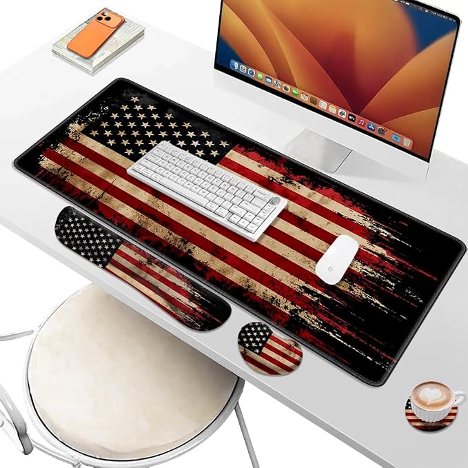 Desk Pad and Keyboard Wrist Rest, Large Mouse Pad + Keyboard Pad+Mouse Wrist Support, Non-Slip Desk Mat Protector for Office, Home 31.5×11.8 Inches National Flag