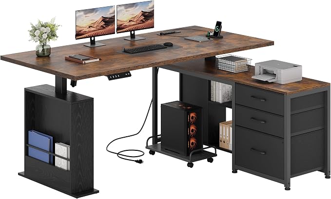 63" L Shaped Standing Desk with 3 Drawers Electric Adjustable Height Desk Corner Standing Desk with Storage Computer Game Desk with Power Outlets Computer Tower Stand for Home Office, Brown