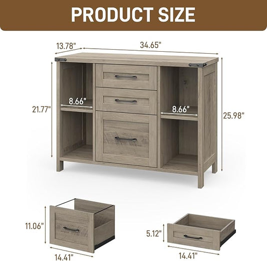 Befrases Farmhouse File Cabinet, Lateral Filing Cabinet with 3 Drawers for Letter/A4 Size Hanging Files, Large Wooden Printer Stand with Adjustable Shelves for Home Office, Rustic Grey
