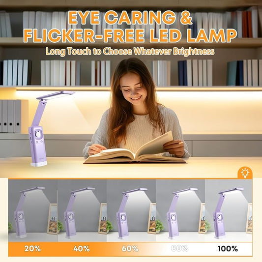 VAVOFO Cute Bunny Desk Lamp, Foldable LED Rechargeable Table Light, Eye-Caring Reading Lamp, 3 Color Modes & Dimmable, for Kids Girls Bedroom Study Dorm Room(Purple)