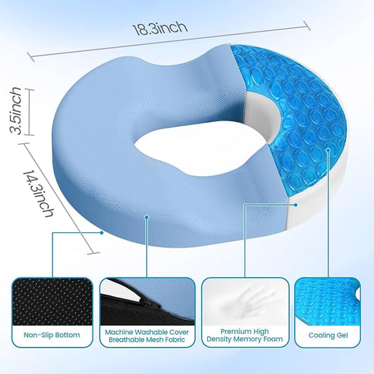 Donut Pillow Seat Cushion - Cooling Gel Donut Chair Cushions, Memory Foam Seat Cushion for Office & Home, Car Seat Cushion and Butt Pillow, Hemorrhoids Pillow and Tailbone Pain Relief, Light Blue