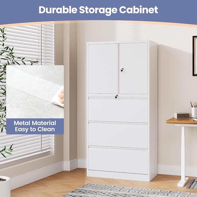 3 Drawer Lateral File Cabinet, Office Storage Cabinet with 3 Wide&Deep Drawers and Locking Doors, White Metal Cabinet with Adjustable Shelves for Home Office, Fits A4/Letter/Legal Size Folders