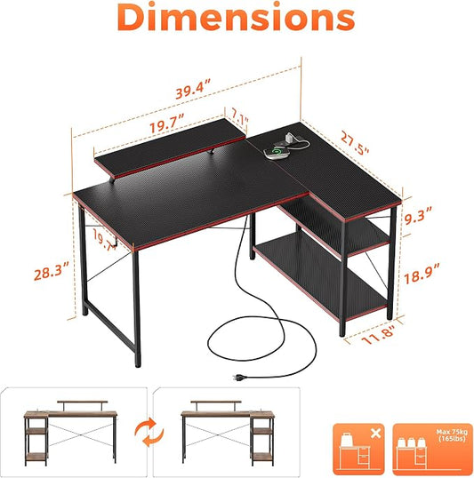 Mericonia Small L Shaped Computer Desk with Power Outlets, Reversible Gaming Desk with Storage Shelves & Monitor Stand, Corner Gamer Desk Table, Study Writing Table