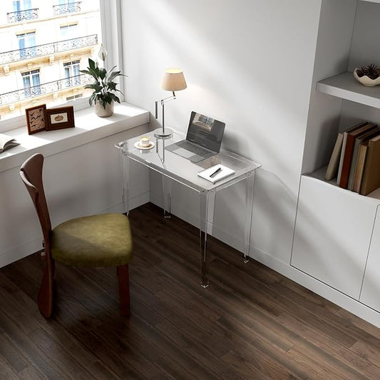 HMYHUM Acrylic Computer Desk, Modern Study Desk for Home, Office, Writing, Vanity, Easy Assembly Right-Angle Legs Design, Clear, 35.4" L x 19.7" W x 29.5" H
