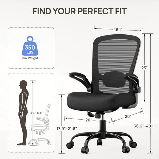 Mimoglad Ergonomic Office Chair, Comfortable Desk Chair with Flip-up Armrests, Adjustable Lumbar Support, 135° Reclining Mesh Computer Chair for Home Office, Small Spaces and Team Office, Black