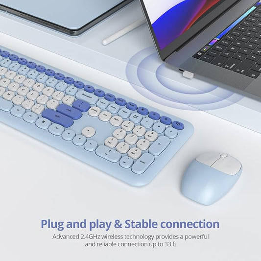 surmen Blue Keyboard and Mouse Wireless, Cute Wireless Typewriter, Full Size Slim Silent Keyboard Round Keys Aesthetic for Home and Office(Colorful Blue)