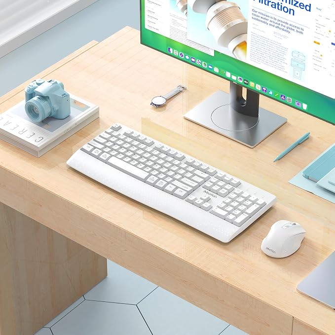MEETION White Wireless Keyboard and Mouse, 2.4G USB Receiver Plug-and-Play, Computer Keyboard with Wrist Support, 3 Level DPI Mouse, Long Time Lasting Battery for PC/Mac/Windows/Laptop, White