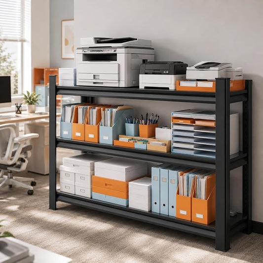 Printer Stand with Storage, 3-Tier Industrial Heavy Duty All-Metal Office Organizer Shelf, Space-Saving Storage Rack for Printer, Scanner, Copier, Paper and Office Supplies, Black,31.5"H×35.4"W×11.8"D