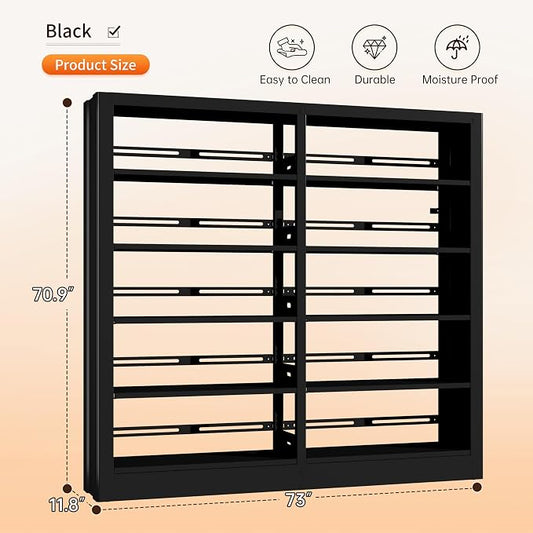 5-Tier Bookcase with Adjustable Storage Shelves, Metal Bookshelf with Book Stopper, Bookcase Shelf for Library, Office, Living Room (Black-2)