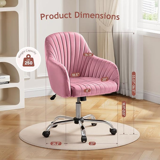Warmiehomy Vanity Chair, Velvet Office Chair, Desk Chair for Home Office, Comfy Task Chair with Arm Rest for Reading Makeup, Dusty Rose