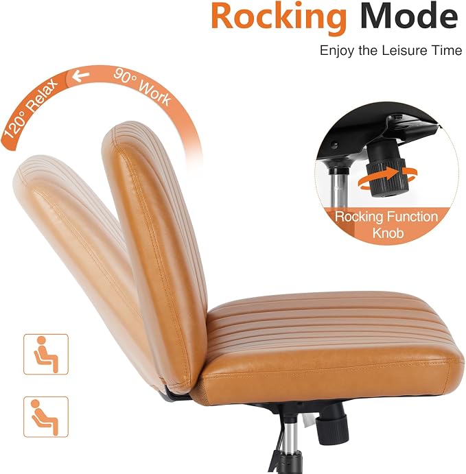 Sweetcrispy Criss Cross Chair Legged, Armless Office Swivel Desk Chair No Wheels, Vanity Height Adjustable Wide Seat Faux Leather Computer Task Seating for Home Bedroom
