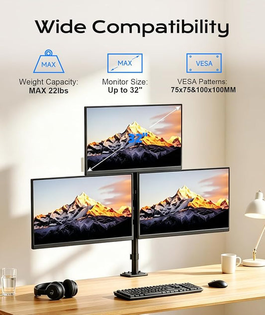 Pholiten Triple Monitor Mount, 3 Gas Spring Monitor Arms for Up to 32 inches Screens, Fully Adjustable Heavy Duty Triple Monitor Mount with Cable Management, Each Arm Holds 22 lbs