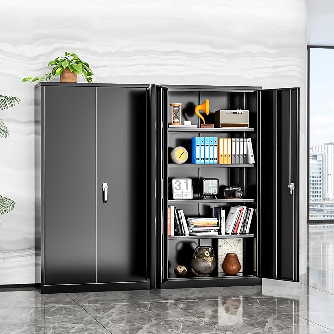 INTERGREAT Storage Cabinet with Doors and Shelves, Metal Garage Storage Cabinets with Lock, Black Lockable Steel Supply Cabinet for Home Office, Warehouse