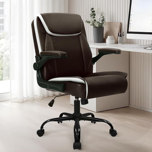 NEO CHAIR Desk Office Gaming Computer Chair Ergonomic Executive Mid-Back Leather with Adjustable Padded Flip-Up Armrests Cushion Wheels Swivel for Home Study Task (Brown)