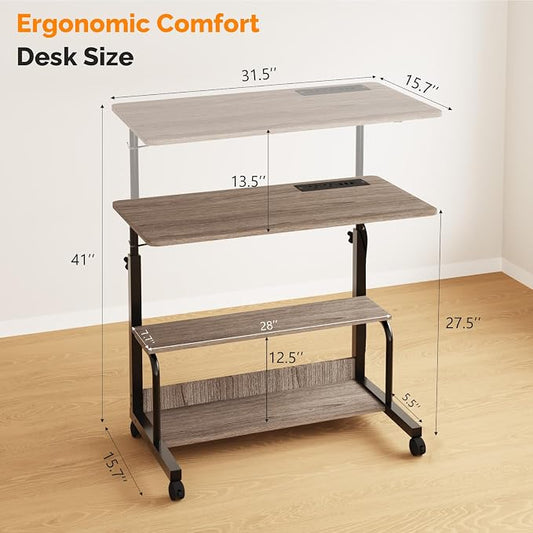 VINGLI 31.5" Mobile Small Standing Desk, Adjustable Height Mobile Computer Desk, w/2 AC Outlets + 3 USB Ports & Hooks, Storage Shelves, Suitable for Gaming, Studying, Home Office, Gray
