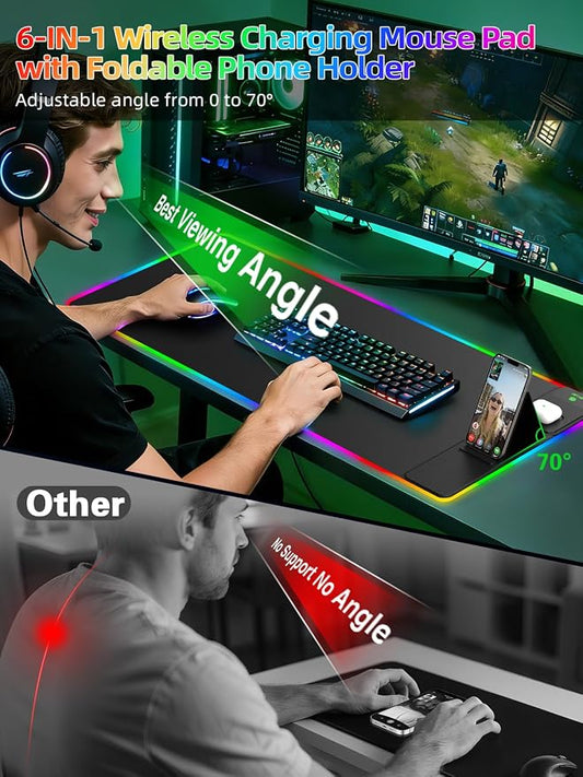 Mouse Pad with Foldable Phone Holder & Wireless Charger, XXL RGB Gaming Mousepad 31.5"x15.8" Large Desk Mat for Keyboard, Black Desk Pad with Dual Qi Charging Station | 11 Colors 5 Modes | Waterproof