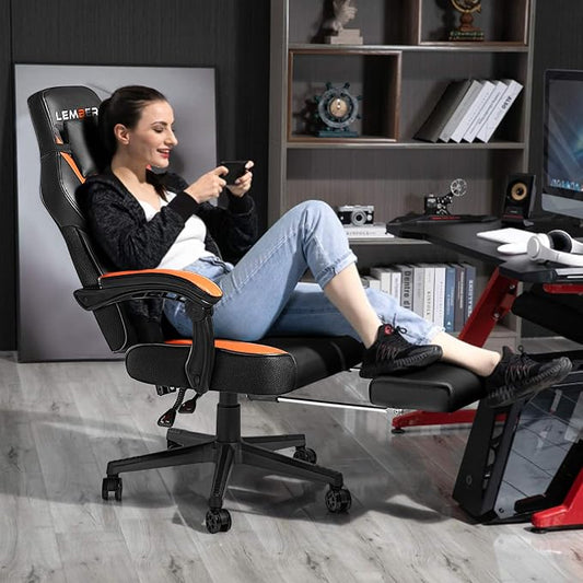 LEMBERI Big and Tall Gaming Chair 400lb Capacity, Heavy-Duty Office Chair with Reinforced Footrest, Wide Seat High Back PC Desk Chair with Linkage Armrests, Thickened Steel Frame, PU Leather, Orange