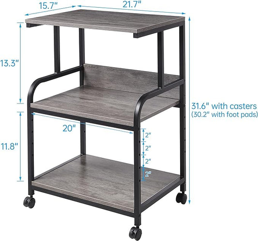 Fannova Printer Stand with Height Adjustable Storage Shelf, 3 Tier Mobile Printer Table with Wheels, Rolling Printer Cart for Home Office Organization, Gray