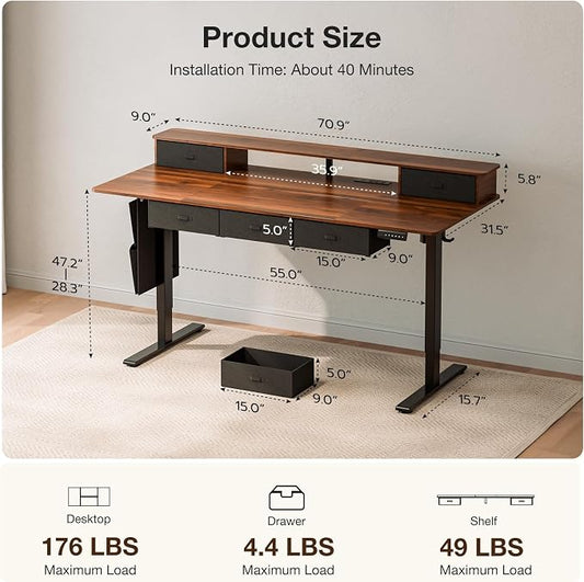 71x32″ Electric Standing Desk with 5 Drawers, Sit Stand Desk with Power Outlets, Monitor Shelf, RGB LED Lights and Cable Management, Height Adjustable 28.3"-47.2" for Home & Office, Walnut