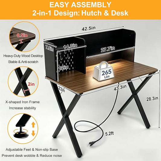 44"×24" Black Computer Desk with Charging Ports, Home Office Desk with Hutch Pegboard Study Gaming Desk with Motion Sensor Light, Modern Writing Desk Table for Home Office Bedroom Kis Room