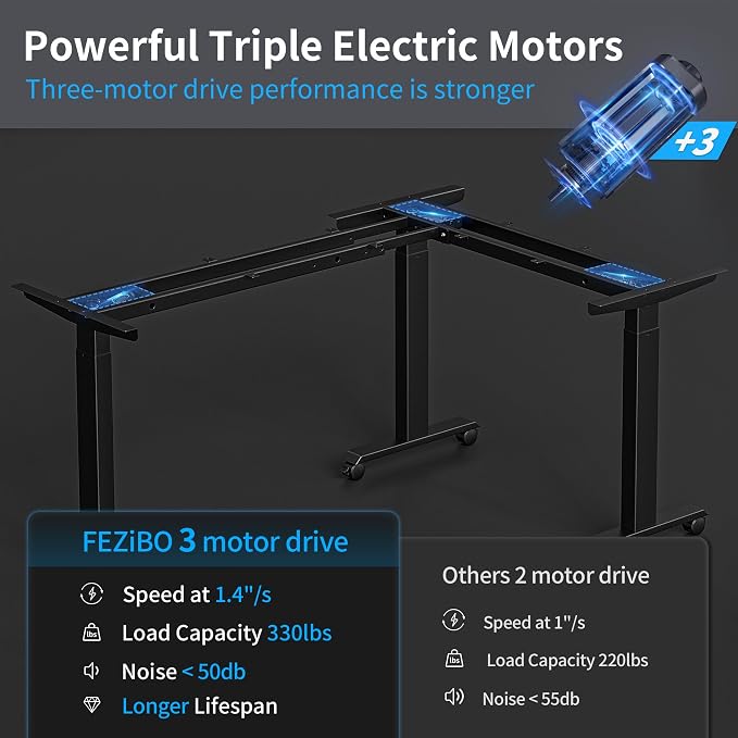FEZIBO Triple Motor 63" L Shaped Standing Desk, Electric Standing Gaming Desk Adjustable Height, Corner Stand up Desk with Splice Board, Black Frame/Rustic Brown Top