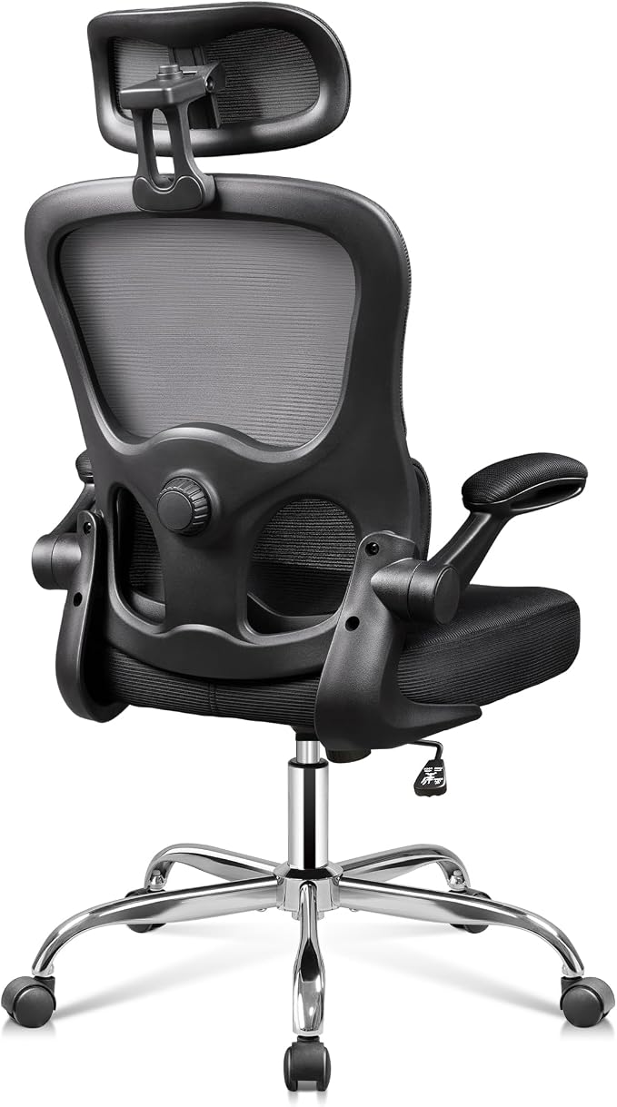 DEVAISE Ergonomic Mesh Desk Chair, Separated-Adjustable Lumbar Support,Large Cushion, Flip-up Armrests, 90-125° Rocking Tilt, for Home Office Computer Gaming, Black