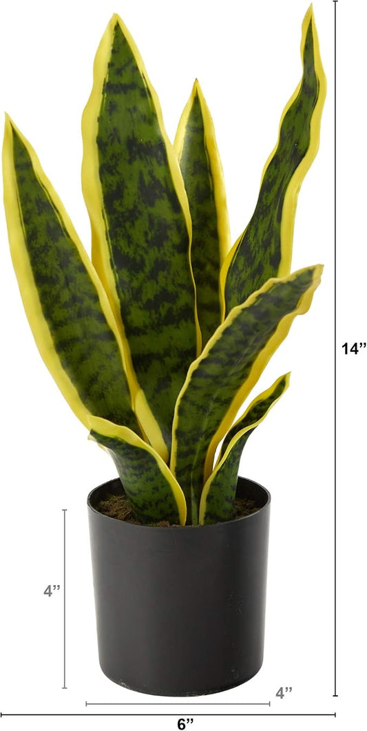 Nearly Natural 14-in Artificial Tall Snake Plant Sansevieria, Yellow Faux Snake Plant for Indoor Home Decor in Black Nursery Pot, Fake Plant for Office, Living Room, Bedroom, Tabletop, DIY