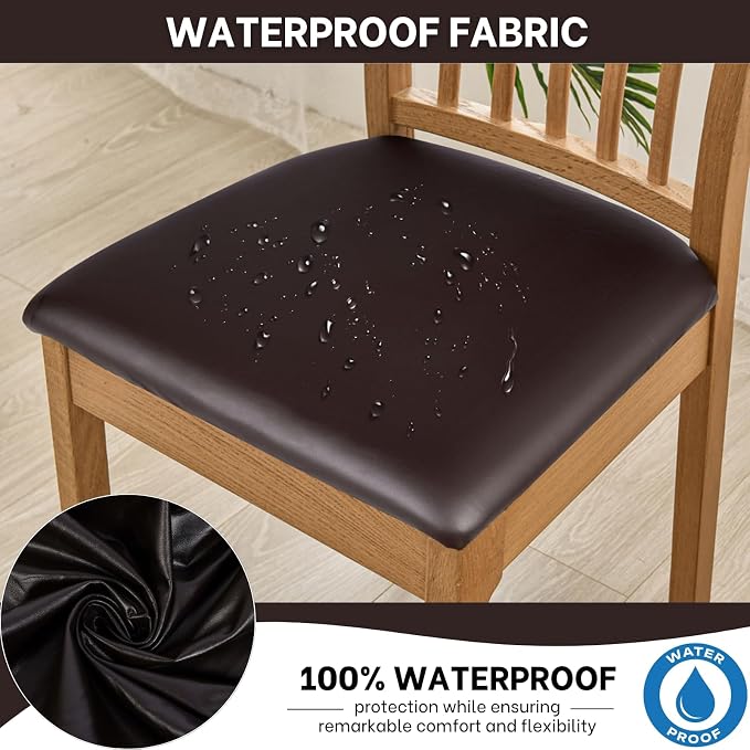 SearchI Waterproof PU Leather Seat Covers for Dining Chairs, 4 Pack Stretch Dining Room Chair Seat Covers, Kitchen Chair Seat Covers Protectors (Deep Brown)