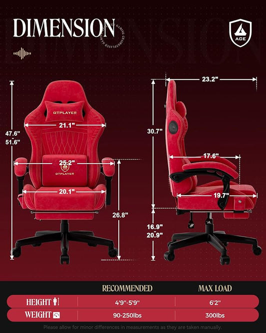 GTPLAYER Gaming Chair with Speakers, Video Game Chairs with Footrest, PC Gamer Chairs for Adults - Padded High Back Ergonomic Reclining Silla Gamer, Linkage Armrest, Ace Pro, Cherry Red(Velvet)