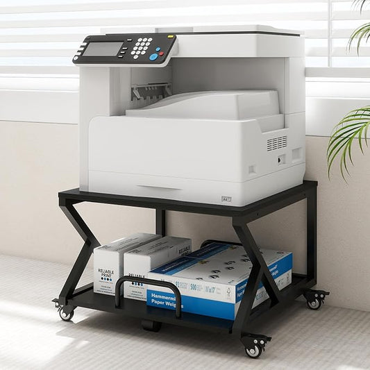 Natwind 2 Tier Printer Stand,23.6''x23.6'',with Pull Out Shelf,Black | Easy Reach for Lower Shelf Items,Rolling Printer Cart with Wheels,Fits Under Desk,Supports 205lbs,for Home Office Kitchen