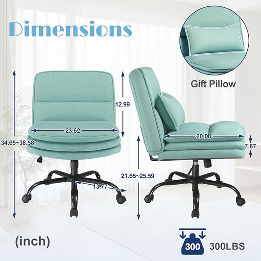 Furmax Criss Cross Legged Office Chair with Wheels, Armless Extra Wide Seat Swivel Desk Chair, Adjustable Height Comfy Task Chair with Thick Cushion for Home Office Bedroom Vanity (Fabric, Green)